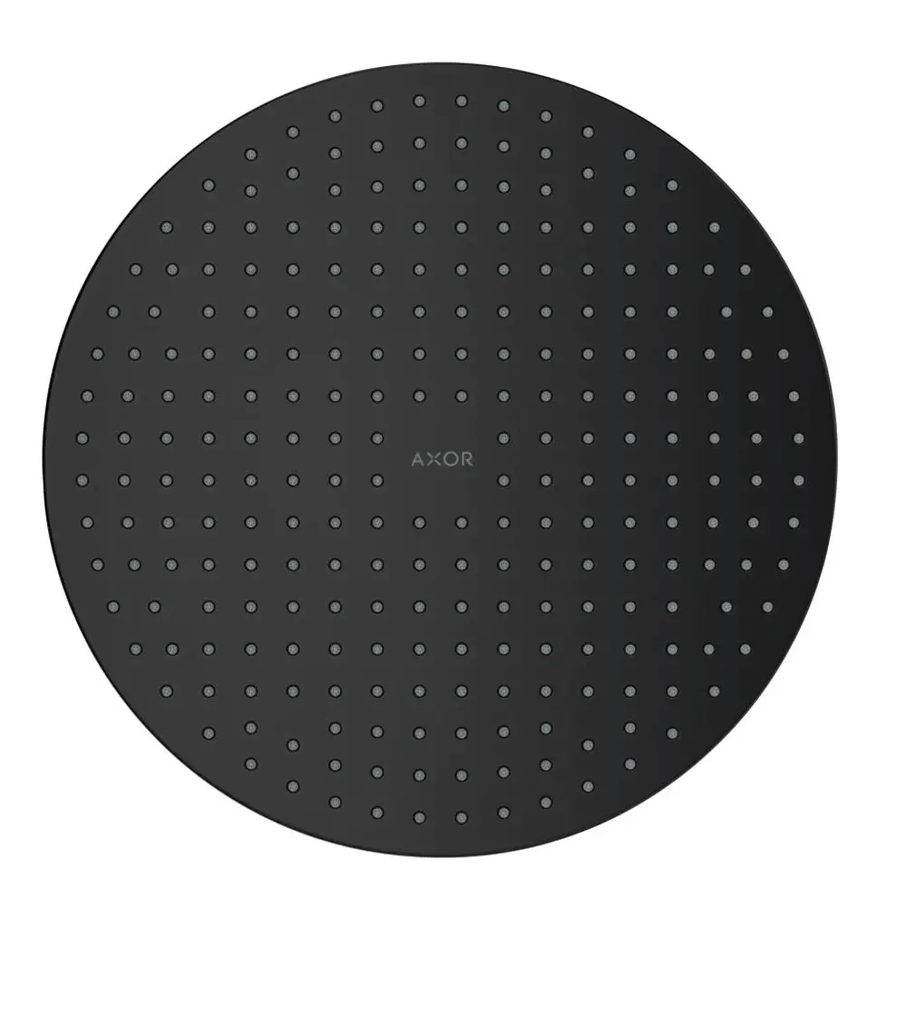 Schwarze, runde Kopfbrause mit vieler kleiner Düsenaussparung. In der Mitte befindet sich das Logo der Marke AXOR.